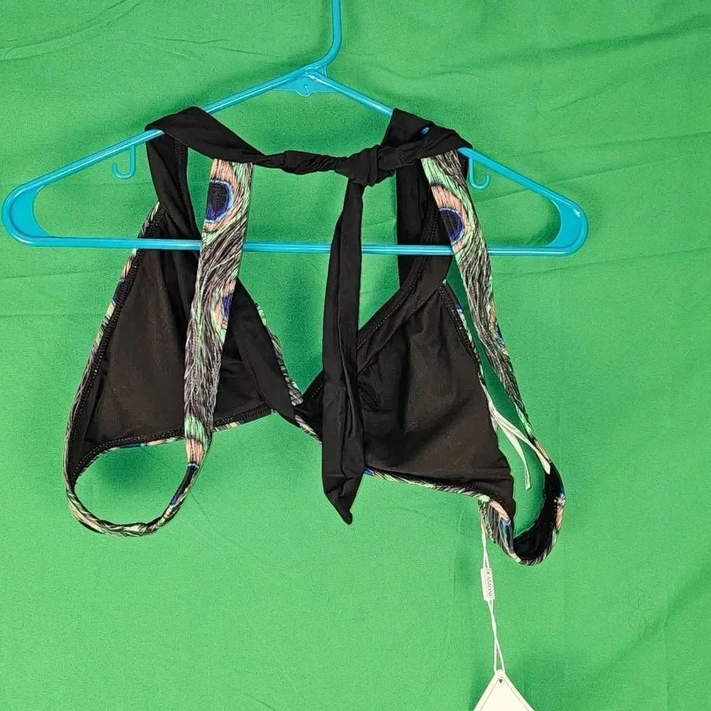 NWT Kamoni Womens Peacock Feather Print V Neck‎ Cheeky Bikini Medium Large